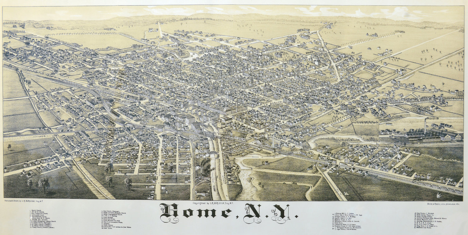 LIthograph of 1886 map of Rome, NY that will be on displayed in Dillon Room which is the magazine room in the library. The lithograph was donated in memory of Nick B. Strange and Julia F. Stagnitti Strange by their children Mildred, Nick, Steven and Mary.