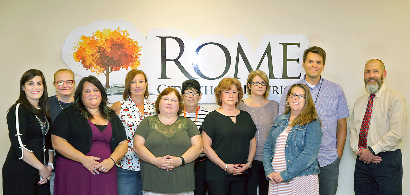 STEM PROJECT FUNDING — Among Rome school district teachers who have been awarded funding from a Rome Air Force Research Laboratory grant initiative for STEM (science, technology, engineering, math), in back from left: Courtney Huf, Stephanie Paisley, Jill Schaal, Sue Alger and Christian Arthur. In back at far right is Jeff DeMatteis, Rome Lab STEM outreach coordinator. In front, from left: school district Director of Fine Arts and Engineering Technology Andrea Falvo, Amanda Pacicca, MaryAnn Urbanik, Maura Tarbania and Leslie Lewthwaite.