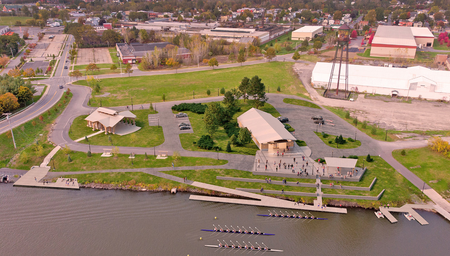 POTENTIAL SITE — This is an artist rendering of where a proposed boathouse would sit on a site along Harbor Way. The parcel  is currently under contract to be purchased by Hamilton College. The proposed boathouse and dock are seen toward the middle right of the rendering.