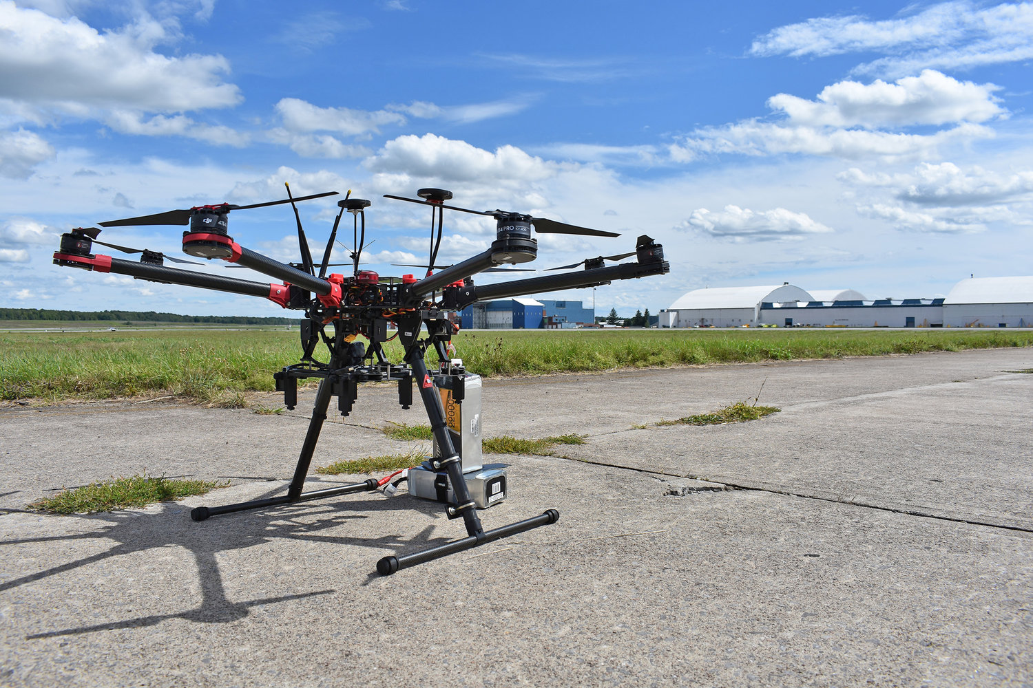 ON THE FOREFRONT — A drone sits on the runway at the Griffiss Business and Technology Park in this file photo. Live flights are set to begin this month at the Griffiss test site, one of two sites selected nationally, in the second phase of a federal program to develop a high-density air traffic control system for drones.