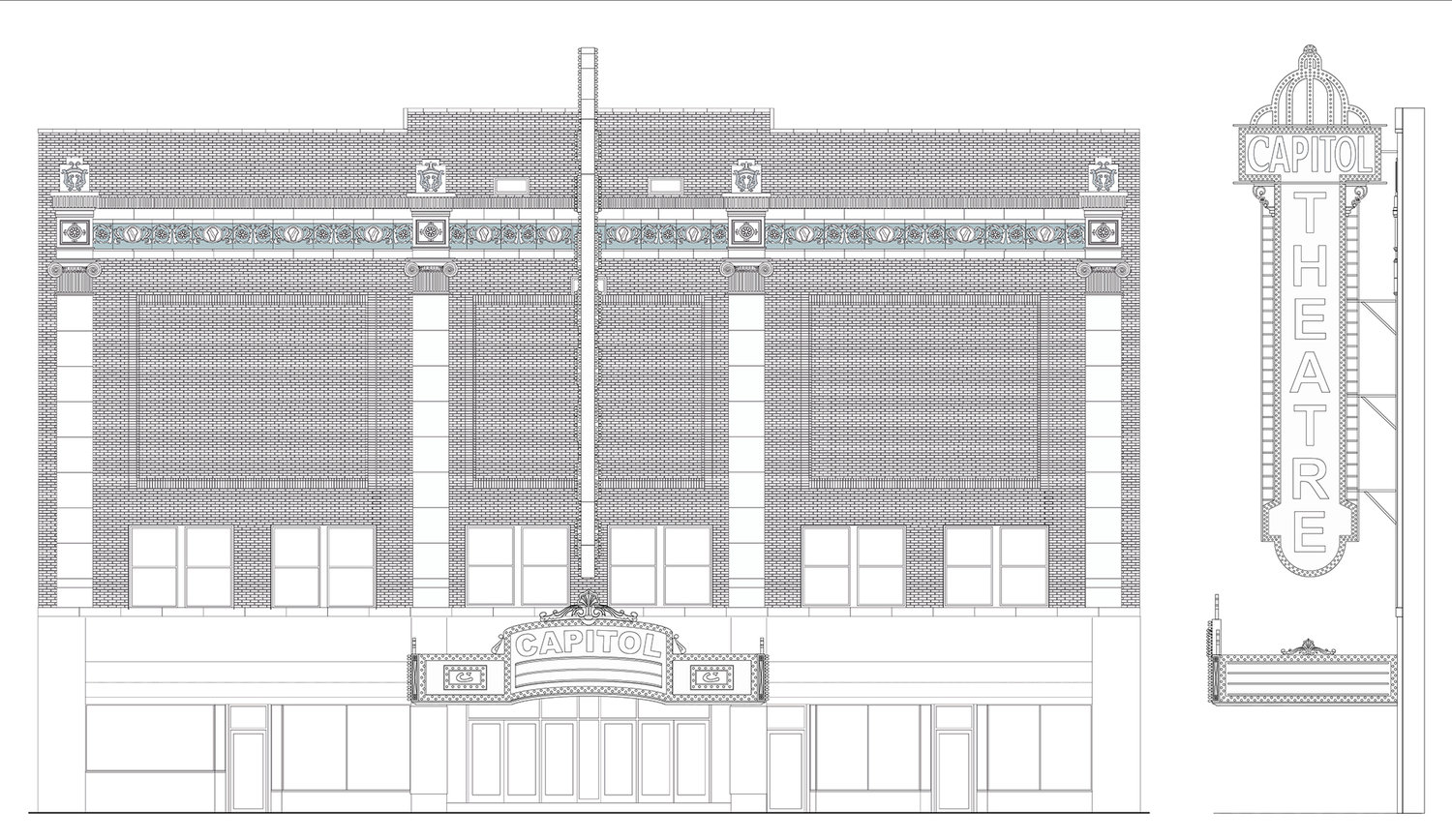 THE PLAN — Pictured are schematic drawings of what the new marquee and blade sign will look like on the Capitol Theatre once installed this summer.
