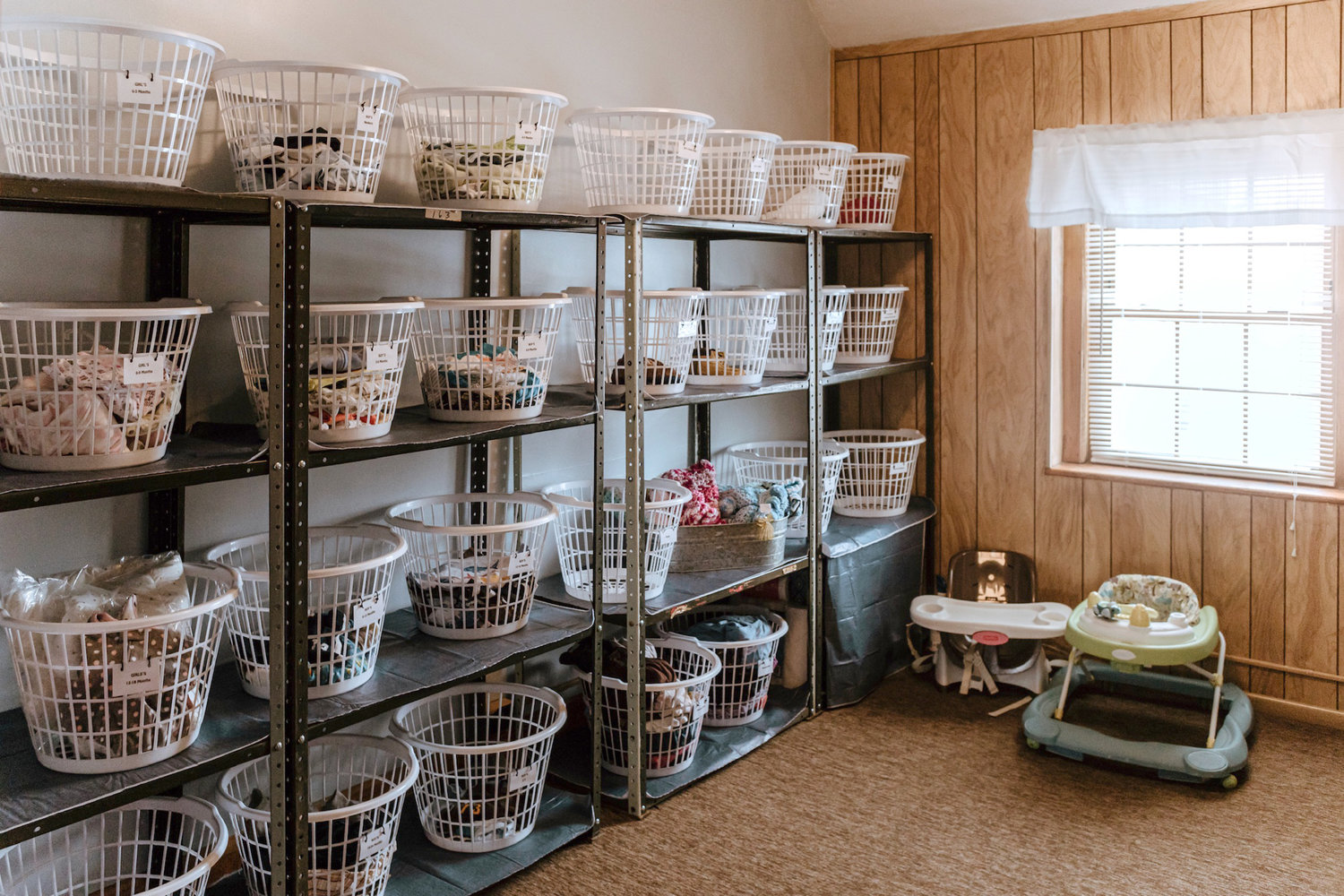 SUPPLIES — Baskets of supplies are stored in one of the offices at the new Care Net Pregnancy Center of Central New York’s Boonville location. The non-profit organization provides a host of services from pregnancy tests to parenting and life skill classes at its 325 Post St. offices.