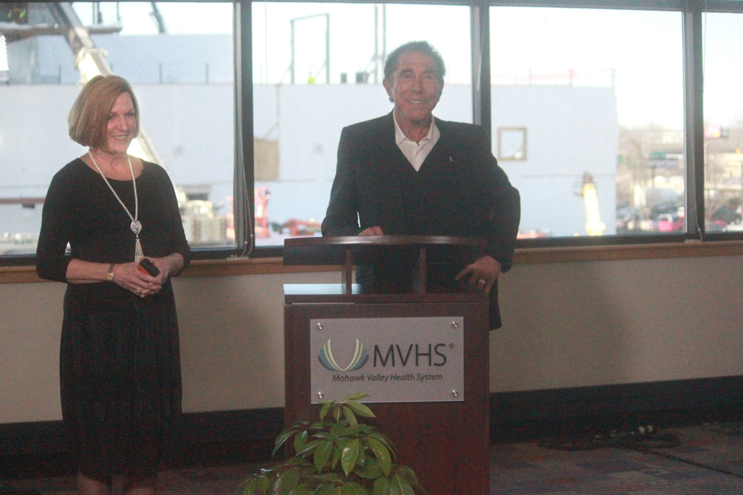 BRIGHT FUTURE — Darlene Stromstad, FACHE, president and CEO of MVHS and Steve Wynn announce the Wynn Family Foundation's $50 million donation to help further healthcare services in the Mohawk Valley region.