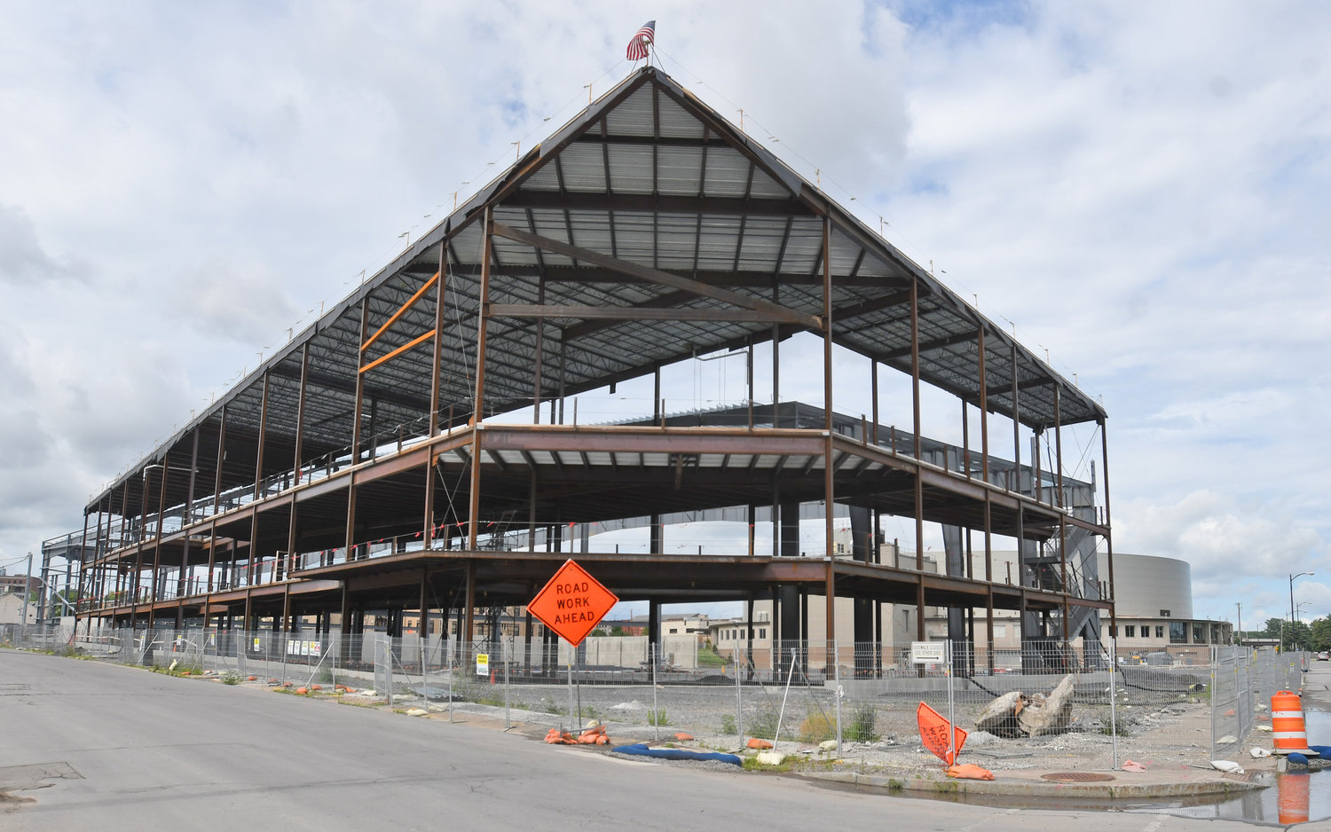 MOVING FORWARD — While construction remains paused on the tournament-sports complex known as the Nexus Center on Oriskany Street in Utica, work on the 170,000-square foot, $40 million building that is to have venues for sports tournaments, including hockey, indoor soccer and lacrosse, received a boost on Wednesday with passage of a resolution by the Oneida County Board of Legislators.