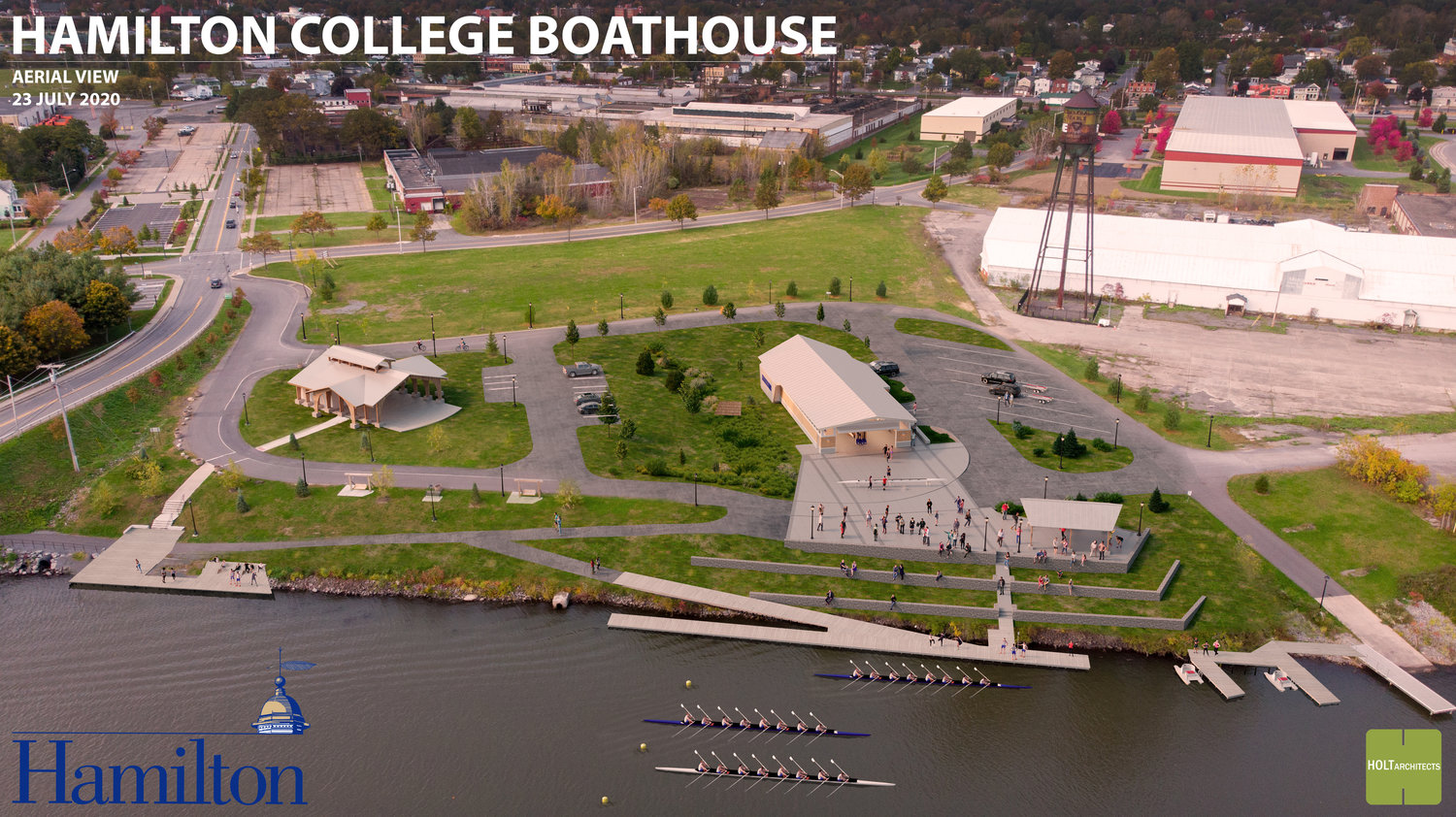 FORMER BROWNFIELD DEVELOPMENT — Hamilton College provided a futuristic view of its men’s and women’s rowing team boathouse that will be constructed at the former Rod Mill site at Bellamy Harbor Park.  City officials said they are excited about the partnership and hope it will only spark further private investment and development in the area. (Illustration courtesy Hamilton College)