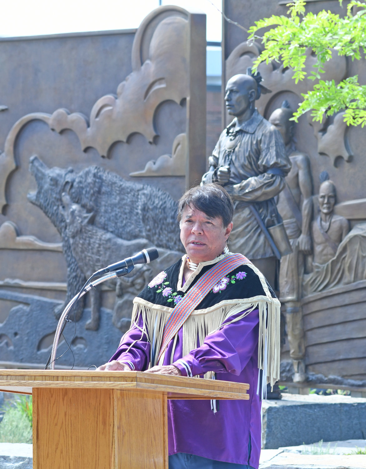 RECOGNIZING A NATION — Oneida Nation Representative Ray Halbritter gives remarks to the crowd gathered for the unveiling of the bronze Oneida monument located downtown.