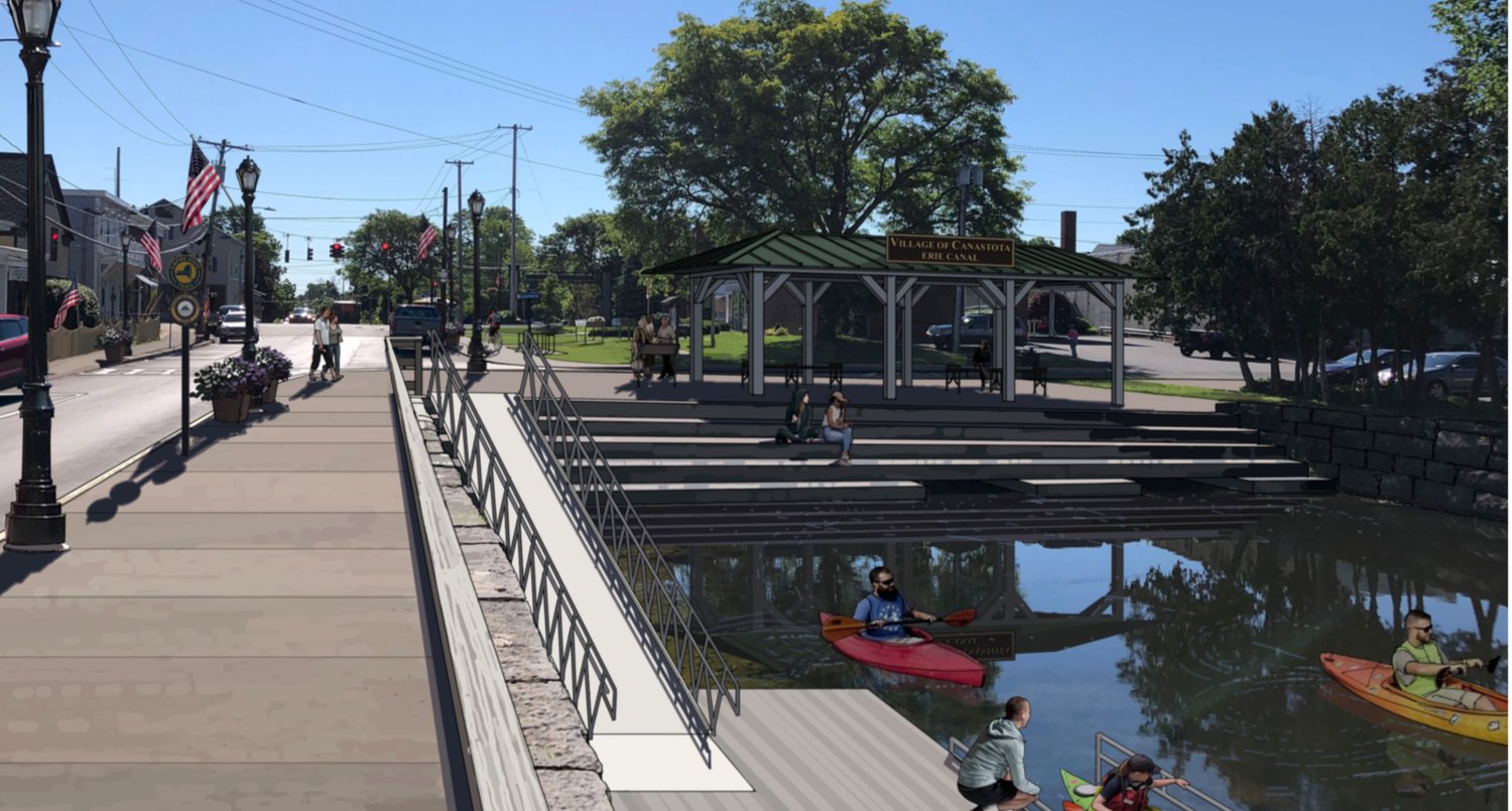 CANASTOTA REDESIGN — A preliminary design by Environmental Design & Research shows a rework of Canal Street in Canastota, turning the street into a one-way, adding a pedestrian plaza, and a boat landing.