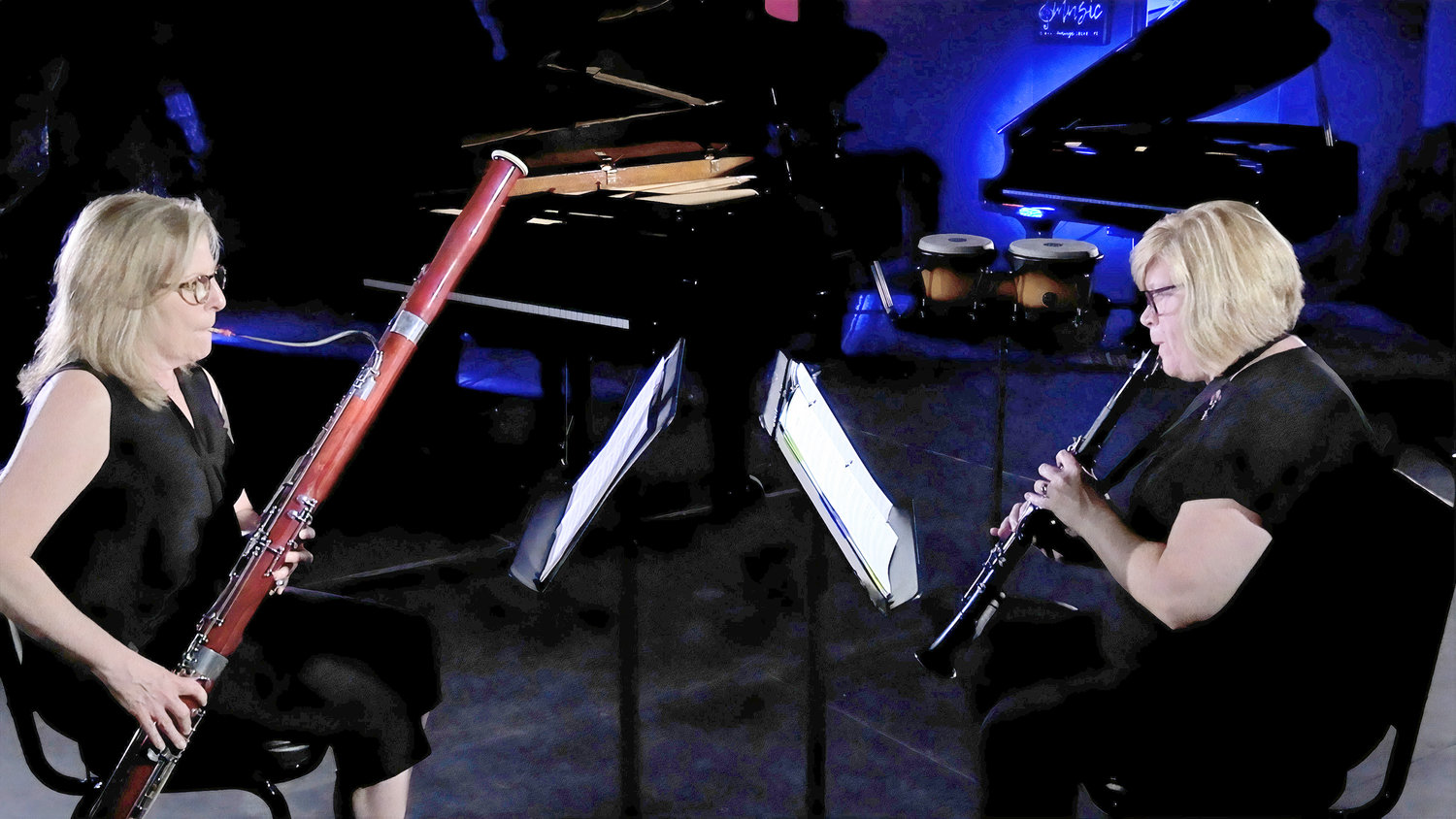 HELPING YOUNG MUSICIANS — Judy Marchione, bassoon, and Colleen O’Neil, clarinet, perform as part of a fundraiser for the Herb Geller Memorial Scholarship Concert Series PREformance at Center Stage Music.
