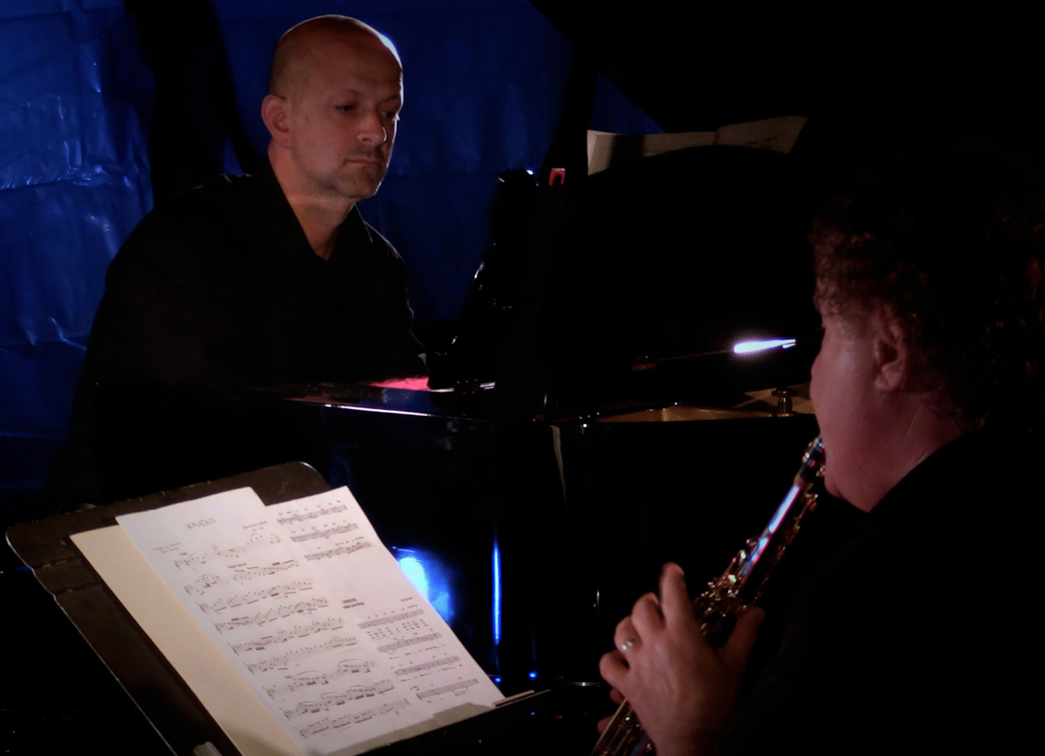 RIGHT NOTES — Matthew Donaleski, piano, and Darryl Sleszynski, soprano saxophone and clarinet, perform as part of a series to raise funds for the Herb Geller Memorial Scholarship Concert Series PREformance at Center Stage Music.