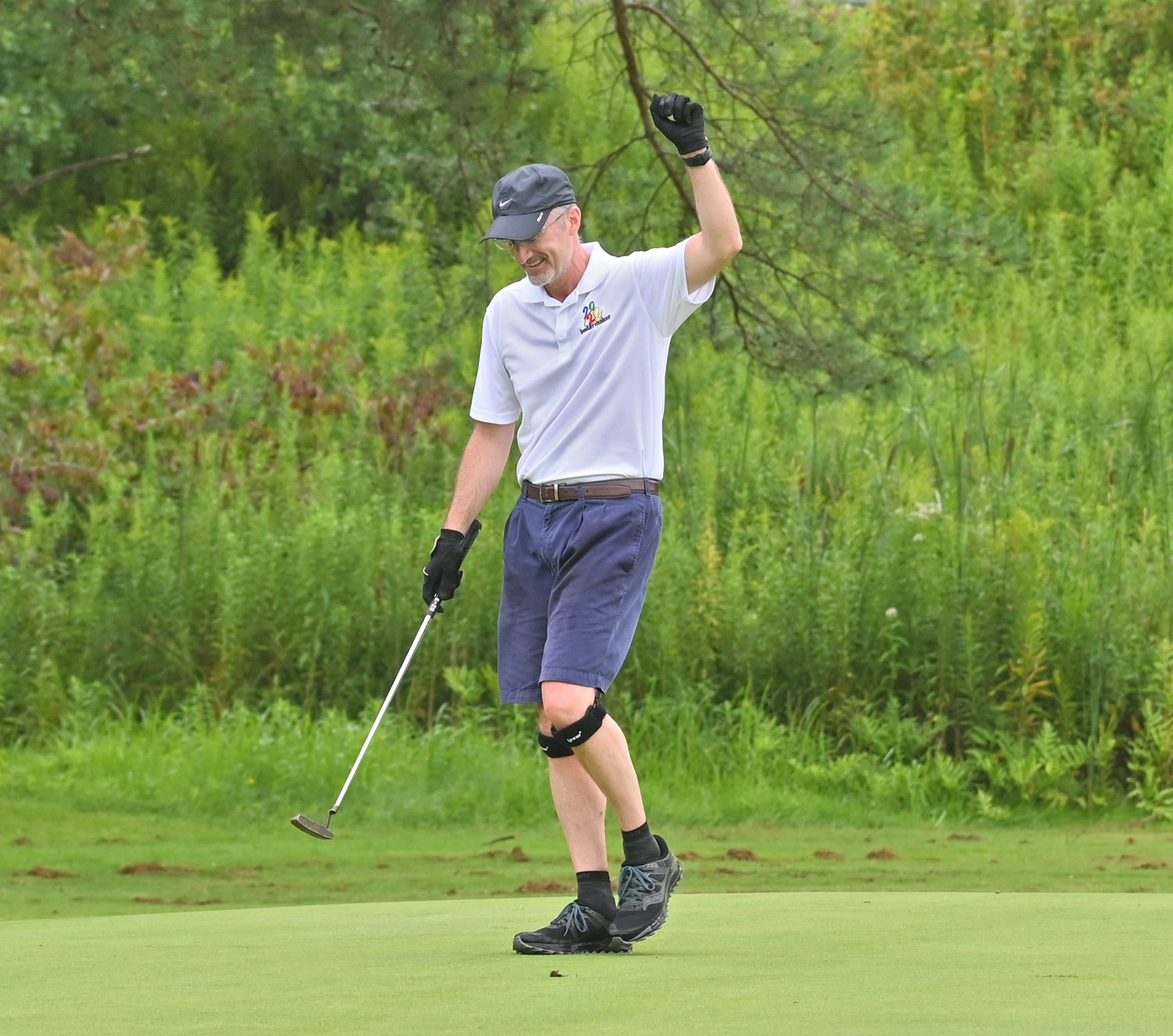 ALL DONE — Mohawk Valley Community College President Randall VanWagoner of New Hartford gives a fist pump after finishing up his second round of the New York Speedgolf Open at Rome Country Club on Monday morning. VanWagoner had a two-day score of 293:02.