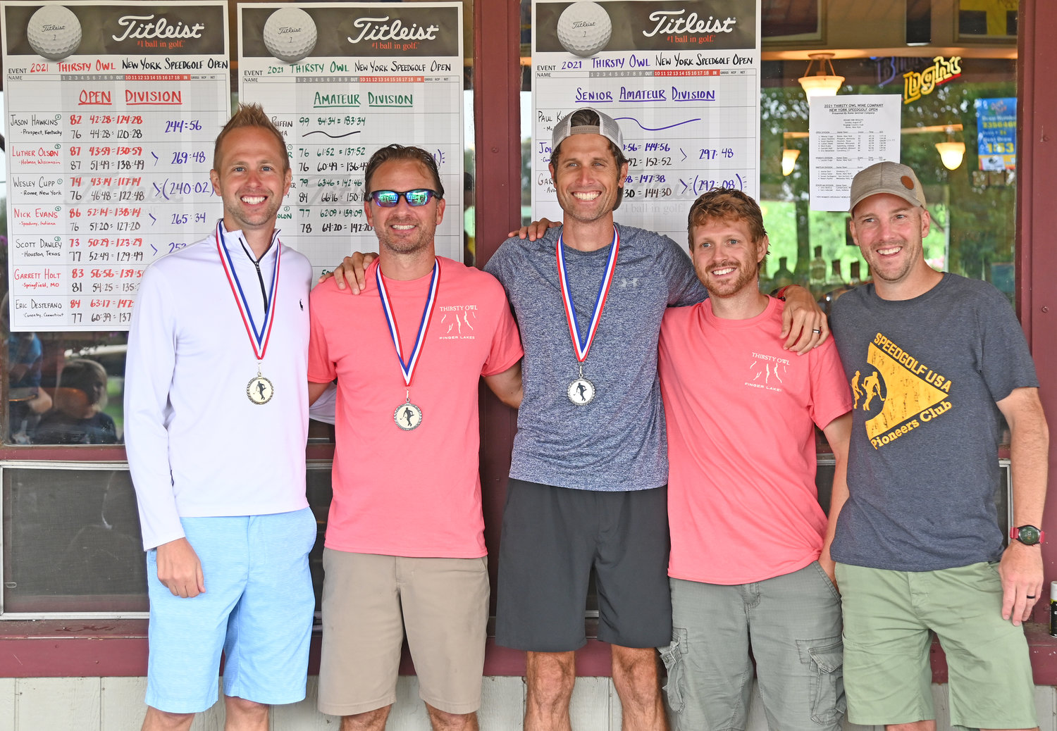 OPEN DIVISION TOP 5 —The top five of the Open Division pose for a photo after the Thirsty Owl New York Speedgolf Open at Rome Country Club. From left are Wes Cupp, winner; Scott Dawley, third place; Jason Hawkins, second place; Nick Evans, fourth place and Luther Olson, fifth place.