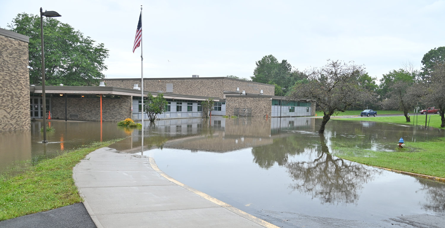 Staley Elementary School surrounded by rising flood waters from the Mohawk River in this photo taken August 20, 2021.