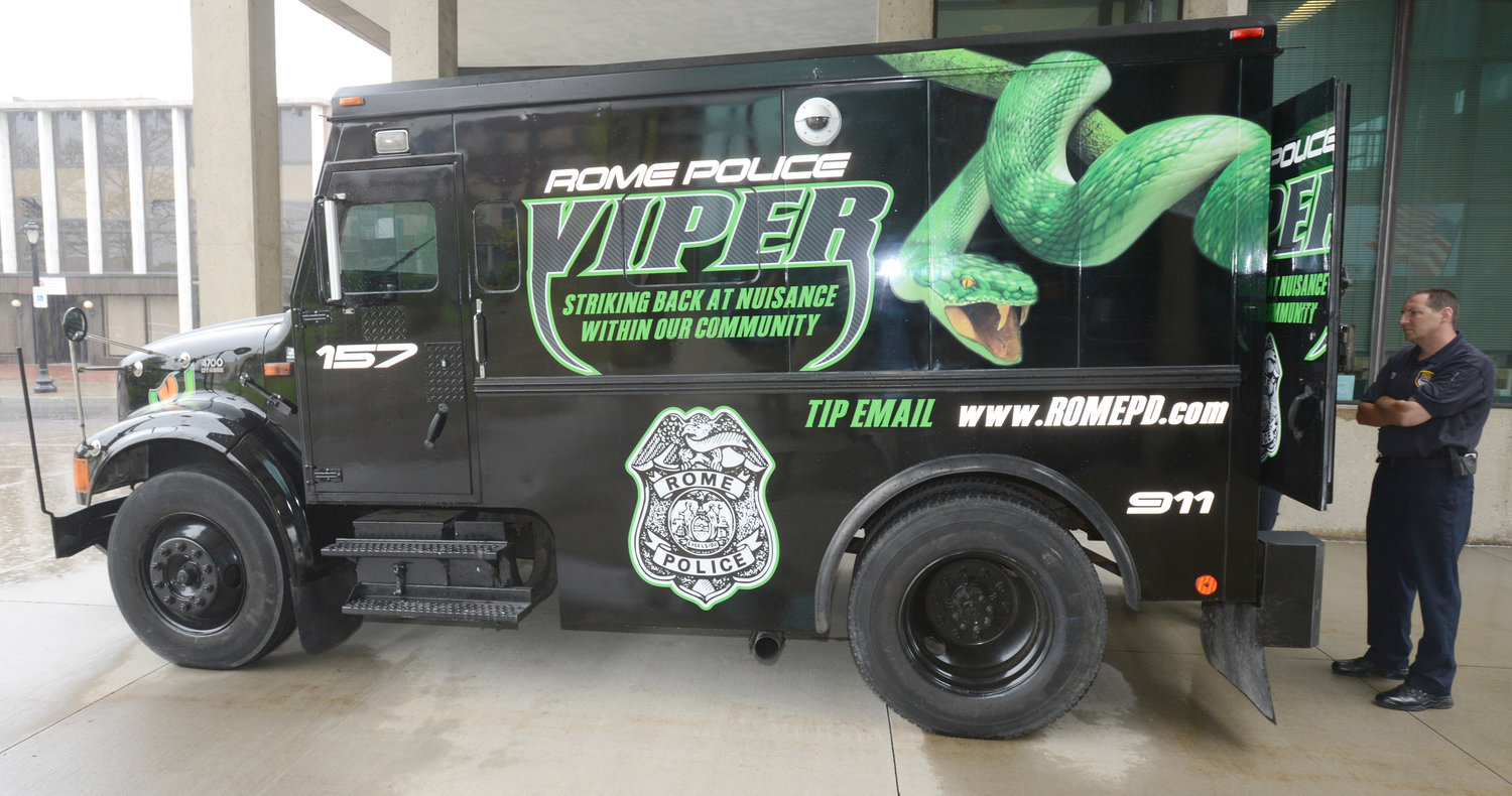 ON DISPLAY — The police department’s Viper armored vehicle is shown on display at Rome City Hall in this file photo.