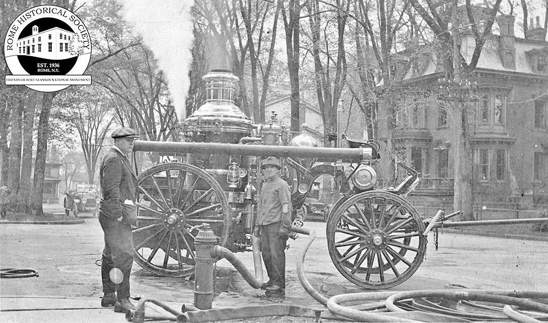 SEEKING PRESENTERS— A pair of members of the Rome Fire Department are shown with some equipment during the department’s early days in this image from a virtual program hosted by the Rome Historical Society earlier this year. The Rome Historical Society is busy putting together its 2022 schedule of events and is seeking presenters on a host of local historical topics.