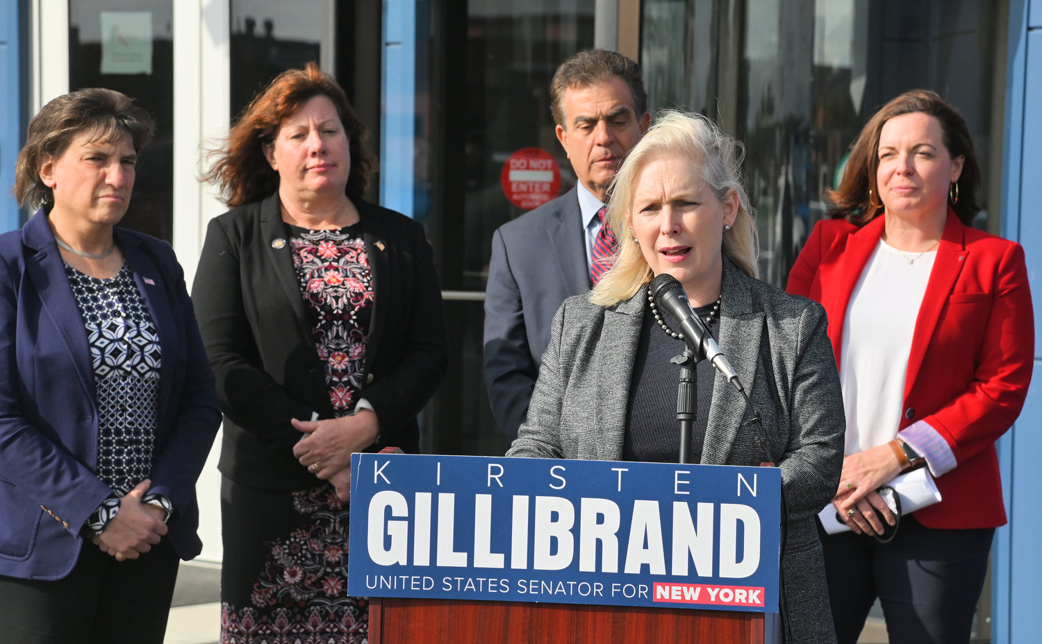 HAILING INNOVATION — U.S. Sen. Kirsten Gillibrand, D-N.Y., touts the Innovare Advancement Center and its high-tech future as Rome Mayor Jacqueline Izzo; Assemblywoman Marianne Buttenschon, D-119, Marcy; Utica Mayor Robert Palmieri; and Heather Hage, president and CEO of the Griffiss Institute look on.
