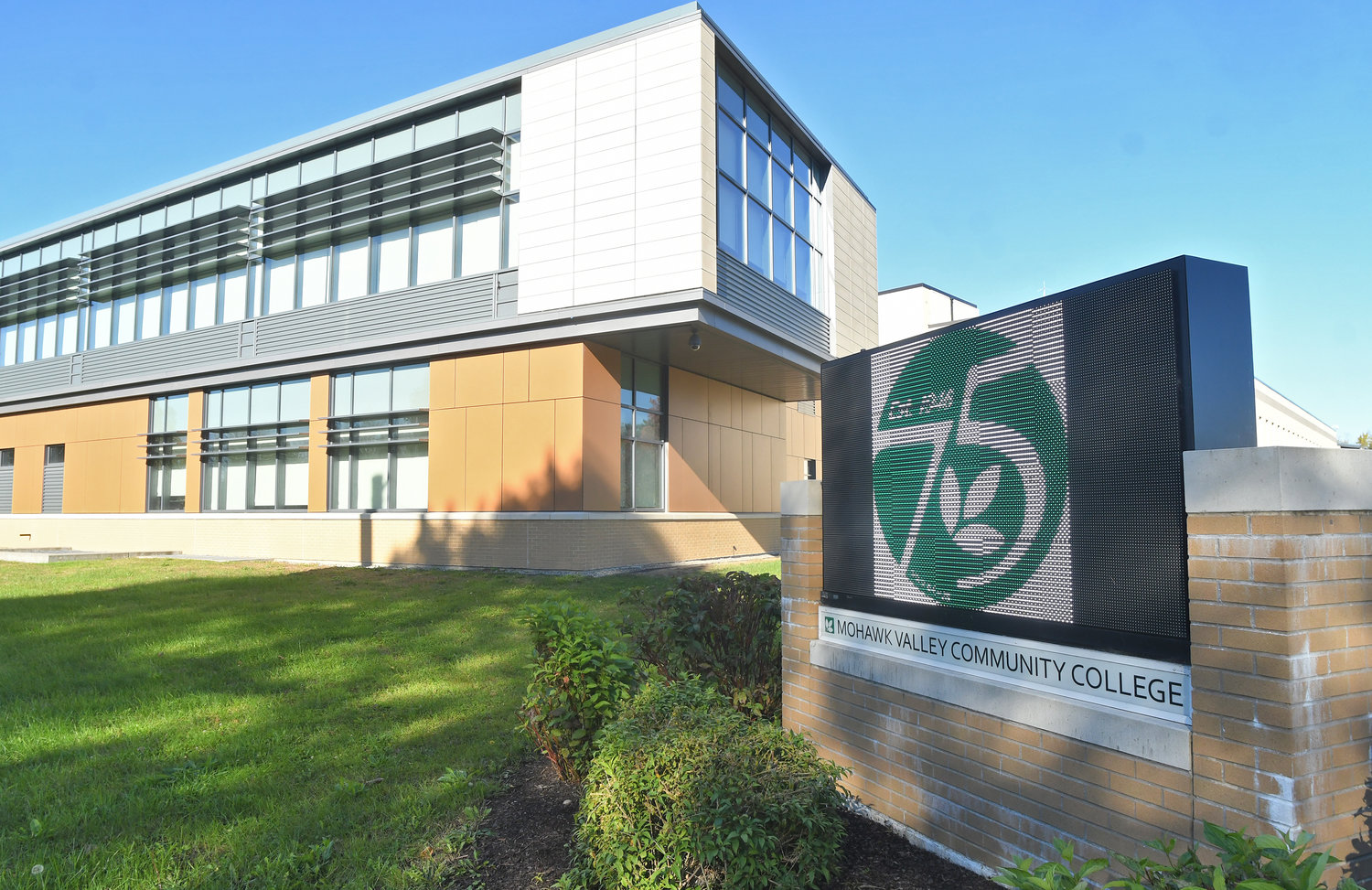 75 AND COUNTING — The Rome Campus of Mohawk Valley Community College is shown on Friday with the college’s electronic sign proudly showing MVCC’s 75th anniversary logo to all who pass by at the corner of Floyd Avenue and Bell Road.