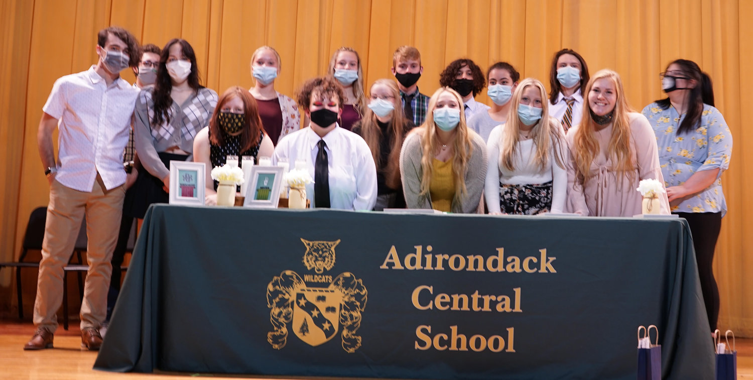 ADIRONDACK SALUTES SCHOLARS — The Adirondack Central School recently honored new members of the district’s chapter of the National Honor Society during an induction ceremony recently. Fall 2021 inductees include, from left, bottom row: Kylee Hosmer, Payton Cady, Pippa deJong, Jenna Yauger, Riley Paschke, Ashley Lawrence; top row: Karl Christiansen, Preston Campbell, Aya Knitel, Holly Miller, Ireland Payne, Brock Weiler, Ethan Moore, Kira Pegues, Braeden Pridgeon, Hayleigh Capron