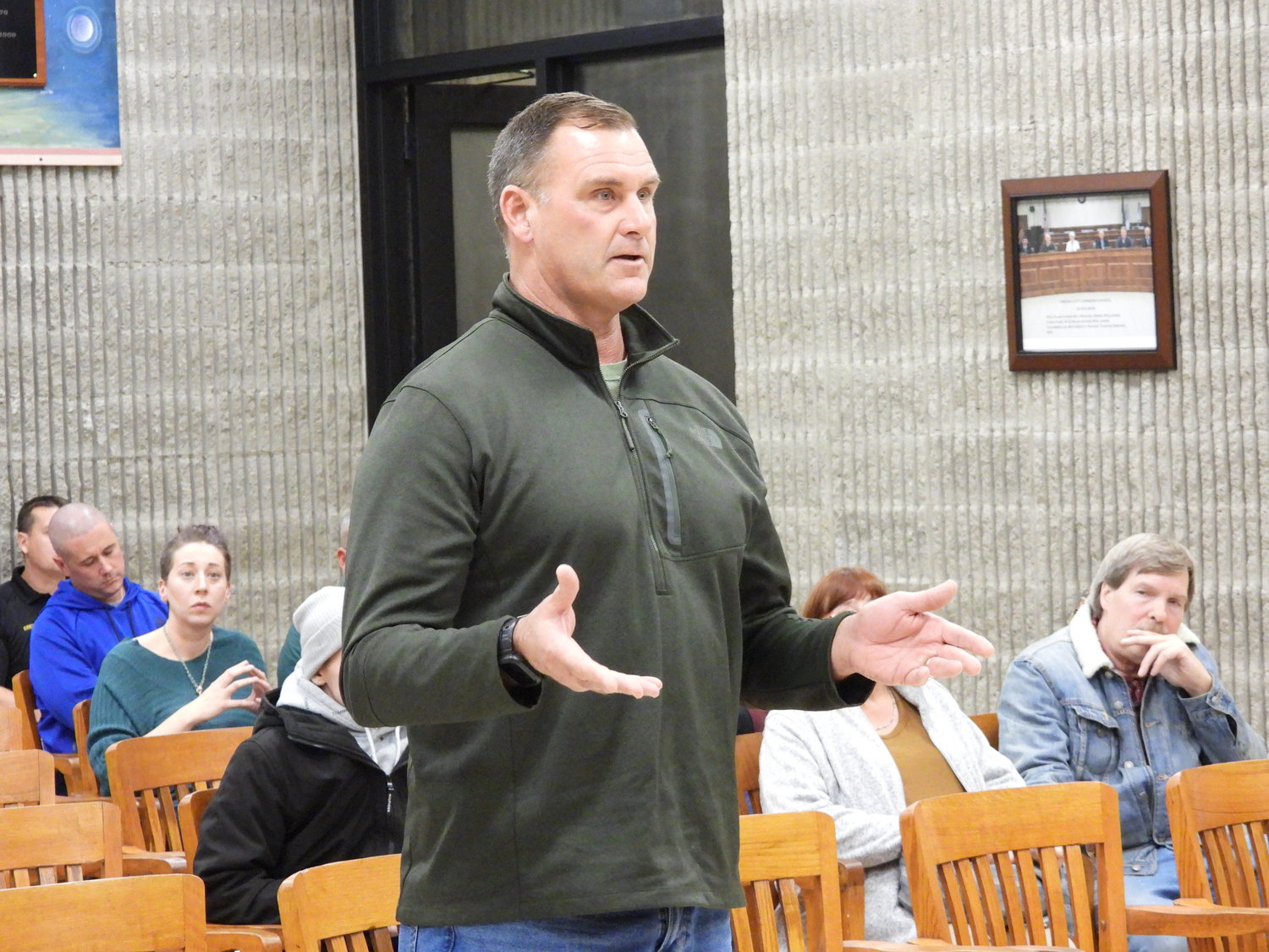 A LACK OF CONTROL — Madison County Sheriff Todd Hood speaks before the city council at Monday’s meeting, warning Oneida lawmakers that there are no measures in place to stop people from smoking pot in public like there are laws to forbid people from drinking in public.