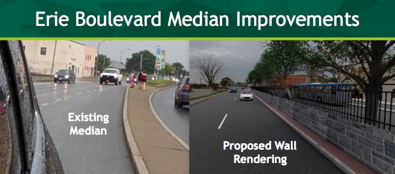 PLANNING STAGES — This photo shows the existing median and a rendering of a median wall as part of improvements being considered for the Erie Boulevard Transportation Alternatives Project, which includes the Freedom Plaza corridor that runs between George and James streets. (Illustration courtesy City of Rome)