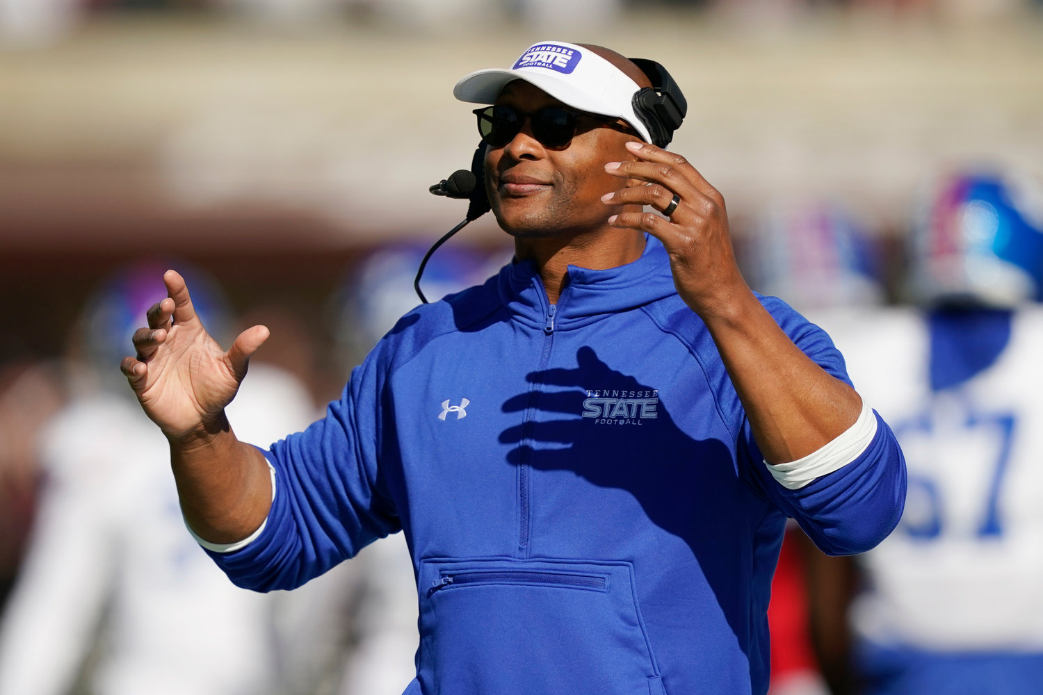 READY FOR GAME DAY — Tennessee State head coach Eddie George gestures as his team takes the field during the first half of an NCAA college football game against Mississippi State, Saturday, Nov. 20, in Starkville, Miss.