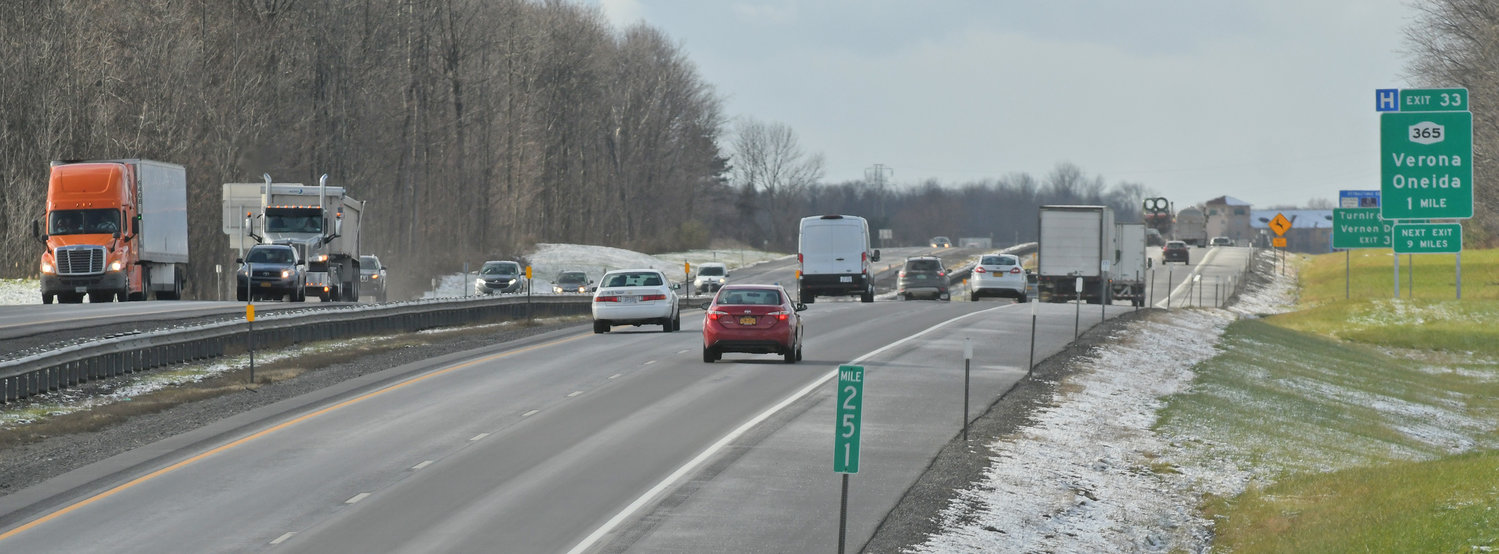 HOLIDAY TRAFFIC — Lively east and westbound traffic flows on the New York State Thruway looking westbound near exit 33 in Verona. According to AAA, some 53.4 million were out traveling this Thanksgiving Day period, from Tuesday, Nov. 23, through Sunday, Nov. 28, the majority by car.