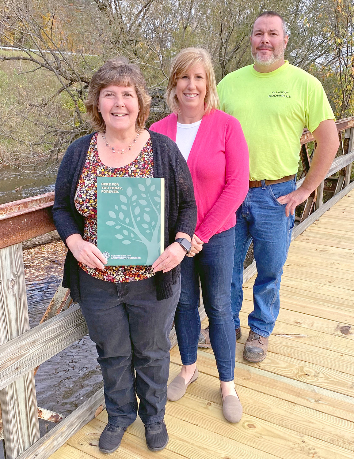 TRAILBLAZERS — A $3,500 grant will help village of Boonville officials finish a walkway to help village residents access the local supermarket on foot. From left: Kelly Brach, village trustee; Lisa Kaiding, village treasurer and grants administrator; and Richard Welch, village street superintendent.