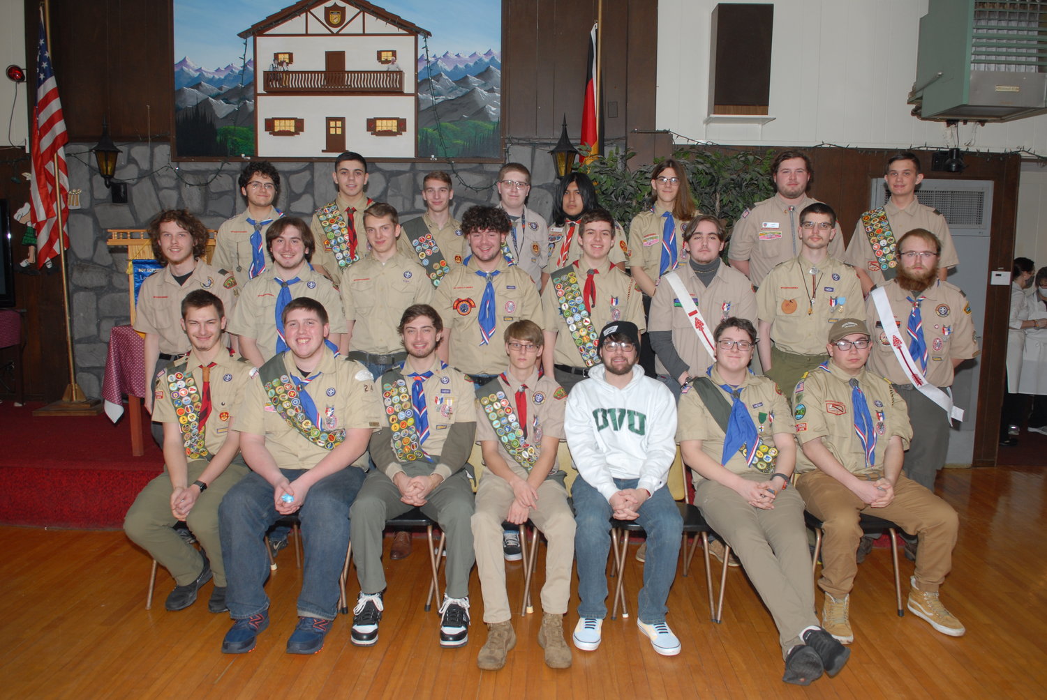 EAGLES GATHER — Members of the Class of Eagle Scouts of the Leatherstocking Council for 2020-2021 gathered recently to commemorate their achievements as part of a recognition dinner. The group, which had  been unable to gather during the early days of the COVID-19 pandemic included several area residents. Front row, from left: William Richards, of Lawyersville; Kenneth Hurd, of Osceola; Jeffrey Salamone, of Schuyler; Zachery View, of Mohawk; Davis Bauer Jr., of New Hartford; David Bloss, of Chittenango; and Michell Bravo, of Holland Patent; middle row: Jeffrey Lehn, of Margaretville; Trevor Owens, of Westmoreland; Daniel Titcombe, of West Edmeston; Matthew Steates, of Clinton; Isaac Schlaegel, of Ilion; James Pike, of Rome; Aiden Hawks, of Whitesboro; and Jacob Ostrander, of Unadilla; back row: Nicholas Fostini, of Clinton; John Flanagan, of Newport; Bryan DeGironimo, of Sauquoit; Jonathan Deitchman, of Maryland; Diego Gamarra, of New Hartford;  Zachary Gioppo, of Utica; Jake Tobin, of Cazenovia; and Aiden West, of New Hartford. The Leatherstocking Council serves youth from Herkimer, Oneida and Madison counties as well as parts of Hamilton, Otsego, Delaware and Lewis counties.