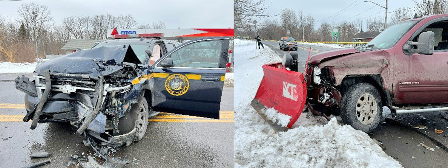 HEAVY DAMAGE — Both this state police SUV and this pickup truck were heavily damaged when the two vehicles collided on Route 69 in Oriskany on Thursday, according to the New York State Police. The trooper and his K-9 partner were taken to a local hospital and a local veterinarian respectively, authorities said.