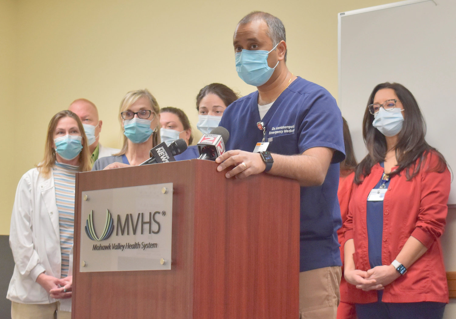 PATIENCE — Avinash Kambhampati, the vice chairperson of emergency medicine at the Mohawk Valley Health System, is flanked by MVHS nursing staff at a Wednesday news conference where the healthcare workers detailed escalating acts of patient aggression in the past year.