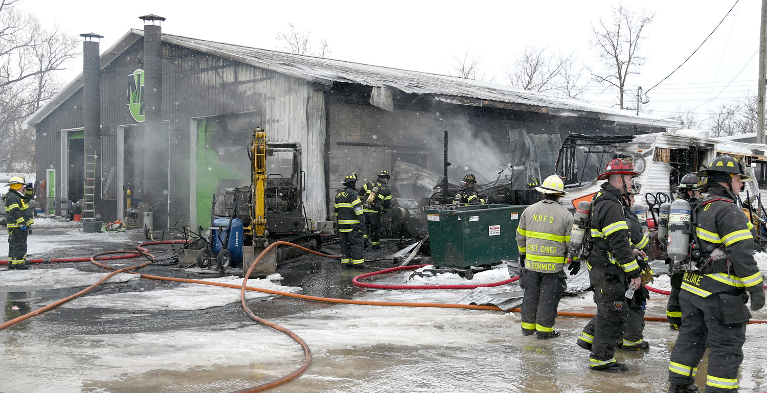 DAMAGED BY FIRE — Nick's Lawn Service on Main Street in Whitesboro was heavily damaged by a fire Tuesday afternoon. Multiple volunteer departments responded and the cause remains under investigation.