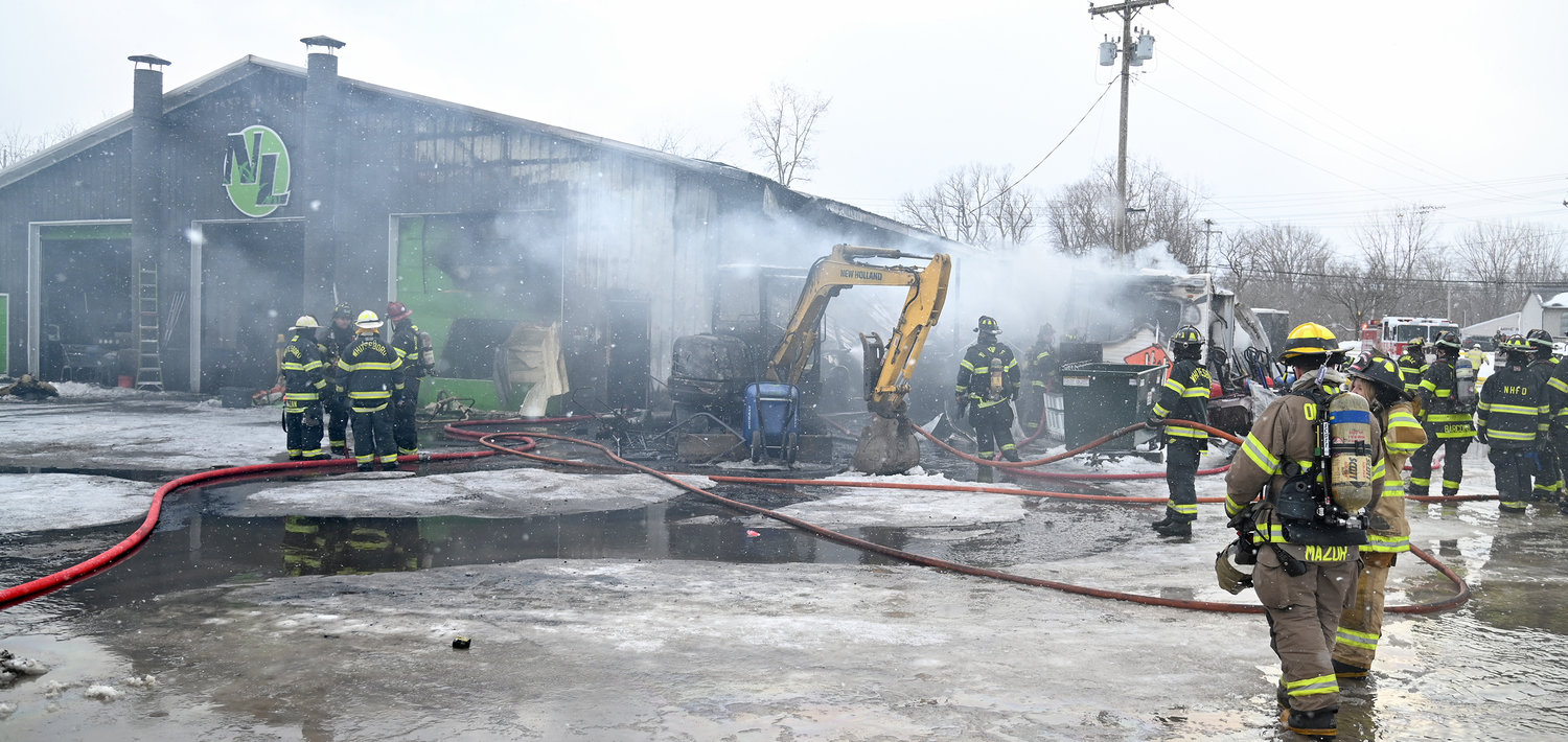 DAMAGED BY FIRE — Nick's Lawn Service on Main Street in Whitesboro was heavily damaged by a fire Tuesday afternoon. Multiple volunteer departments responded and the cause remains under investigation.