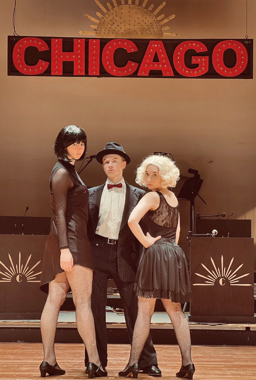 CHICAGO AT CAMDEN — Camden High School will present the musical “Chicago Teen Edition” at the high school Friday and Saturday, March 4 and 5.  Show times are 7 p.m. Friday, and 2 and 7:30 p.m. Saturday.  From left: Madison Bird as Velma Kelly, Cael Sullivan as Billy Flynn and Hannah Dole as Roxie Hart.