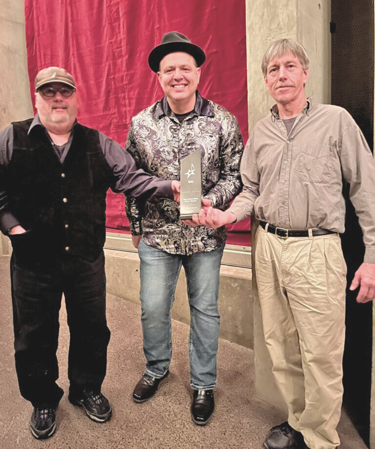 AWARD WINNERS — Members of Fritz’s Polka Band, from left, Gabe Vaccaro, Fritz Scherz, and Frank Nelson, pose with their SAMMY Award.