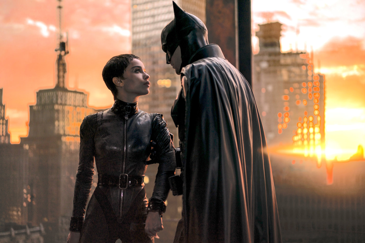 Grittier makeover — Zoe Kravitz, left, and Robert Pattinson in a scene from “The Batman.”