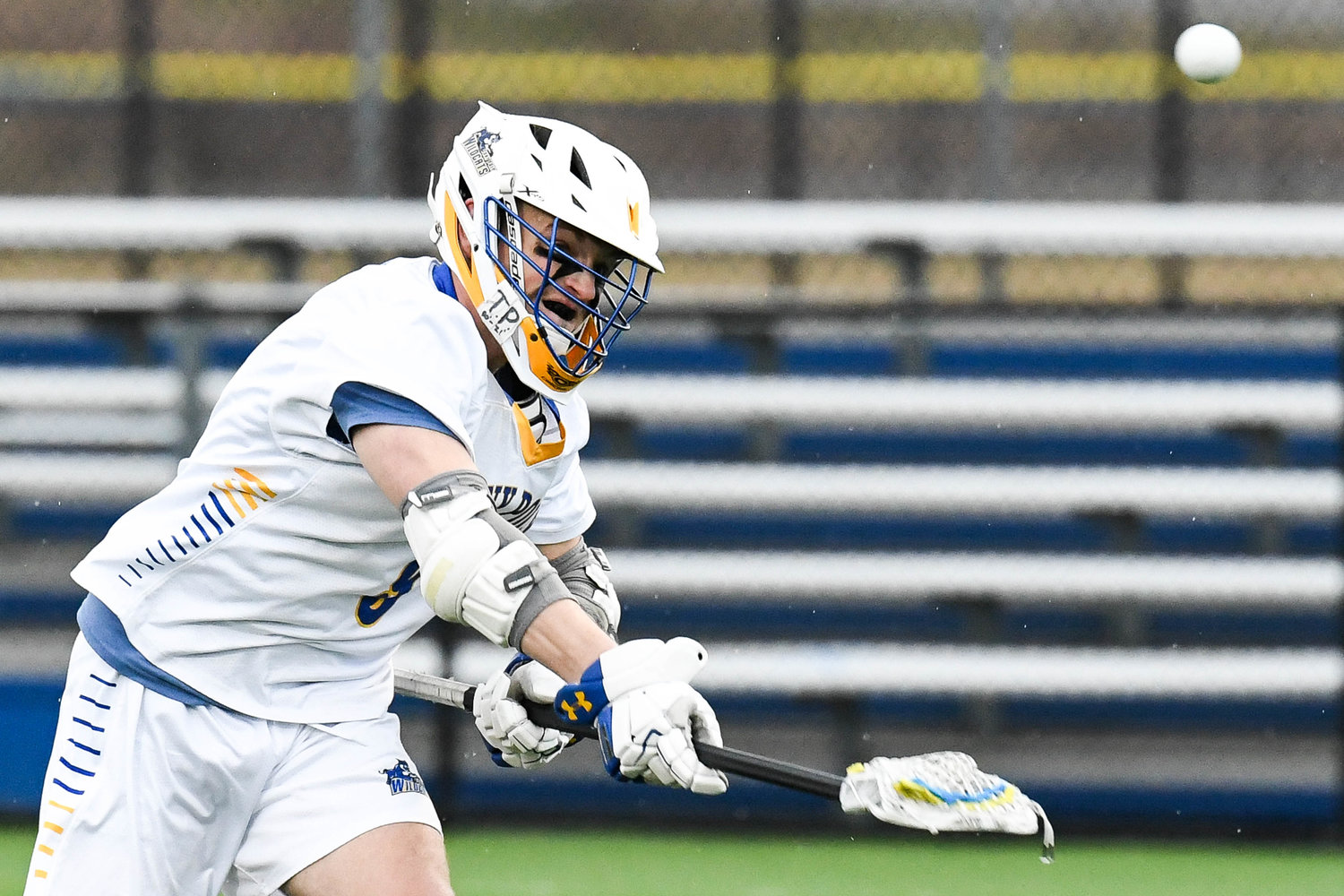 LET IT RIP — SUNY Poly player Steven Sullivan fires the ball toward the net during the lacrosse game against Northern Vermont-Lyndon on Friday at home. Sullivan had an assist in the team’s 20-2 NAC league win.
