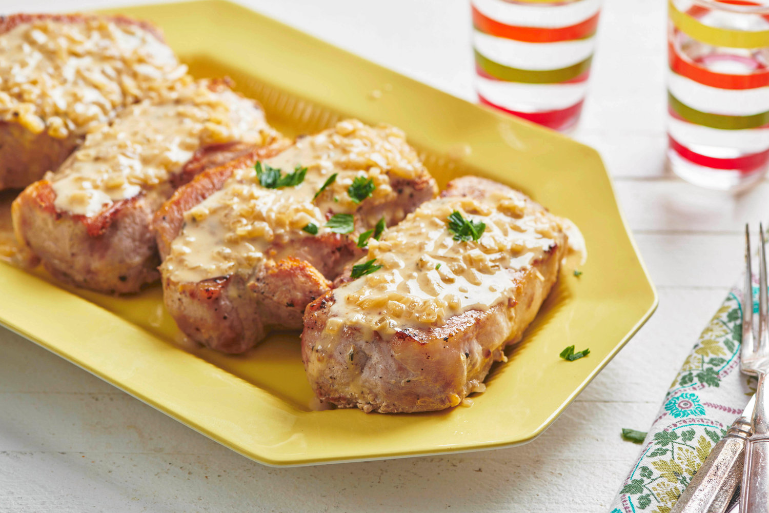 Dijon dinner— One skillet Creamy Mustard Pork Chops, made with dijon mustard.
