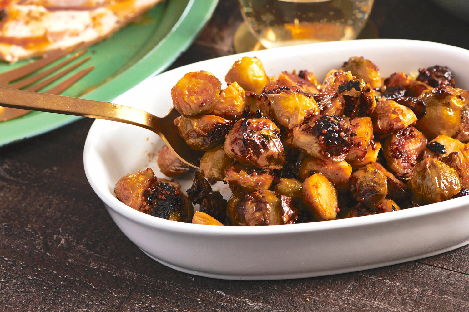 HONEY HELP — Roasted Honey Mustard Brussels Sprouts, made with grainy Dijon mustard.