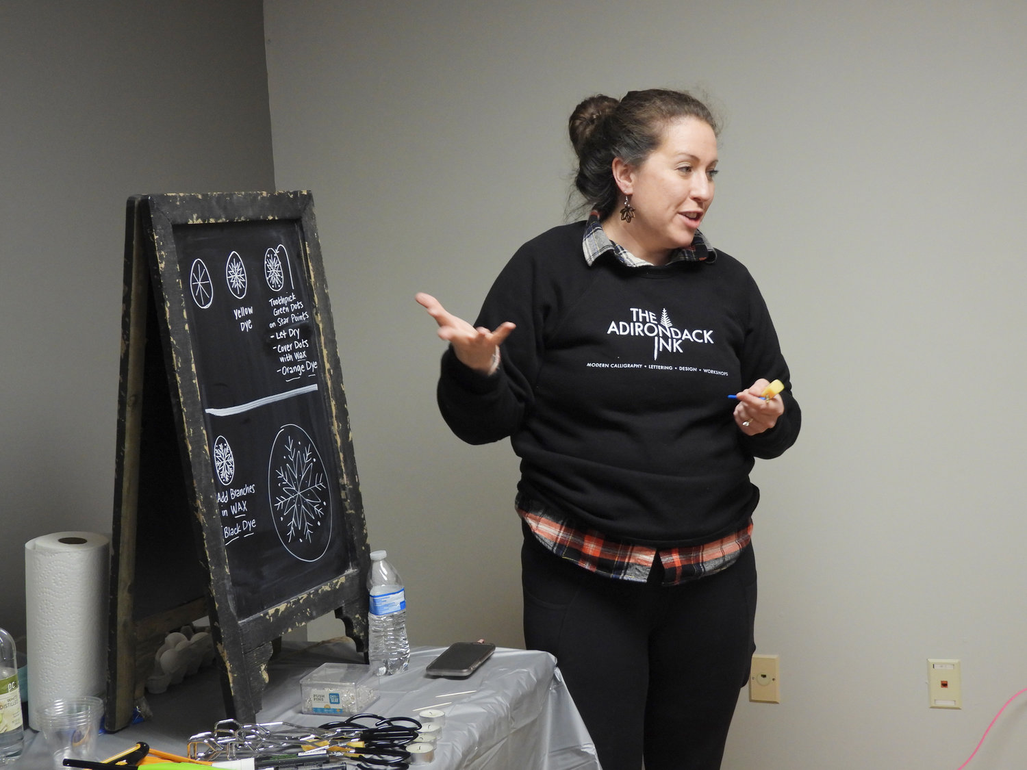 WORKSHOP INSTRUCTION — Sarah Dustin, proprietress of The Adirondack Ink and instructor of the Ukranian Egg Painting Workshop details how to create designs using wax.