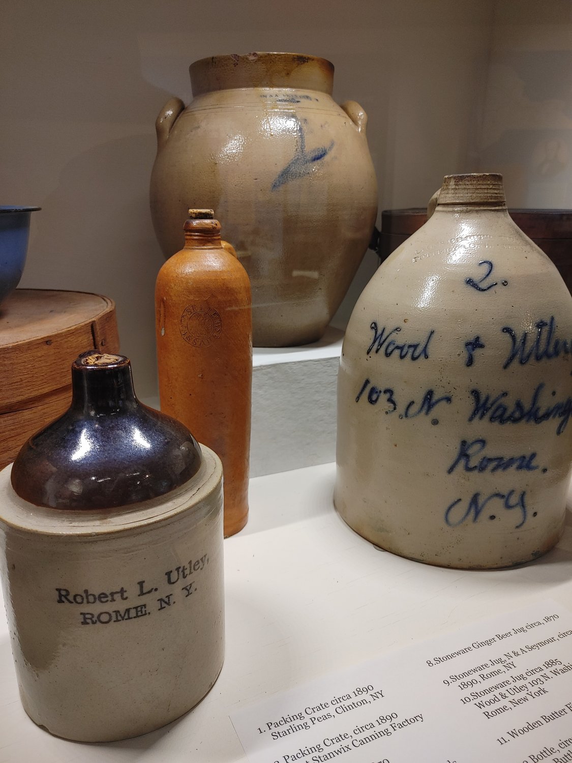 ON DISPLAY — Pottery on display at the Rome Historical Society, including one by Robert L. Utley, at left.