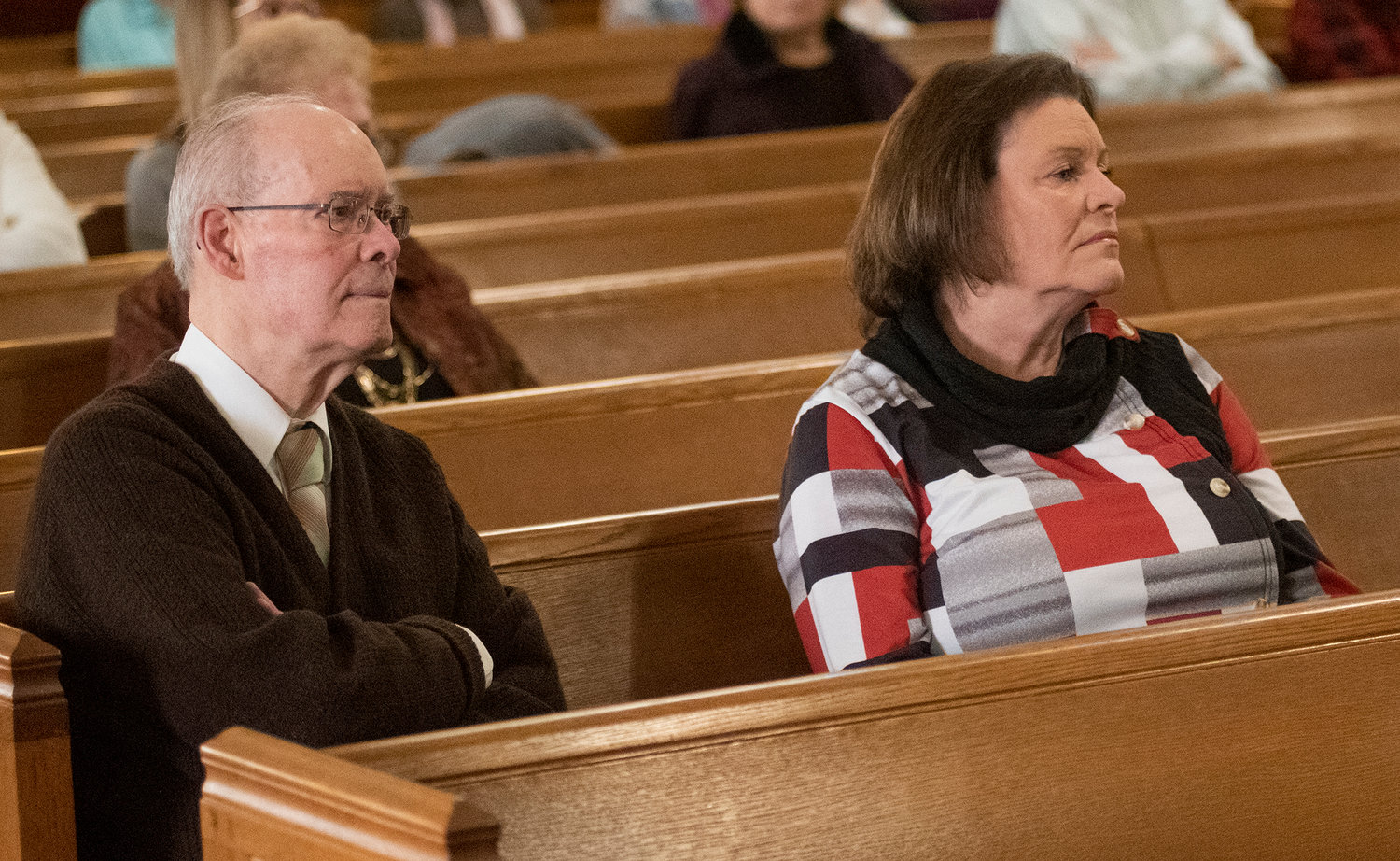 READY FOR MOVE — Jon Glover, left, sits with Joni Dennie of Gloversville during a lenten cantata at Foothills United Church, 17 Freemont St., in Gloversville, on Sunday.