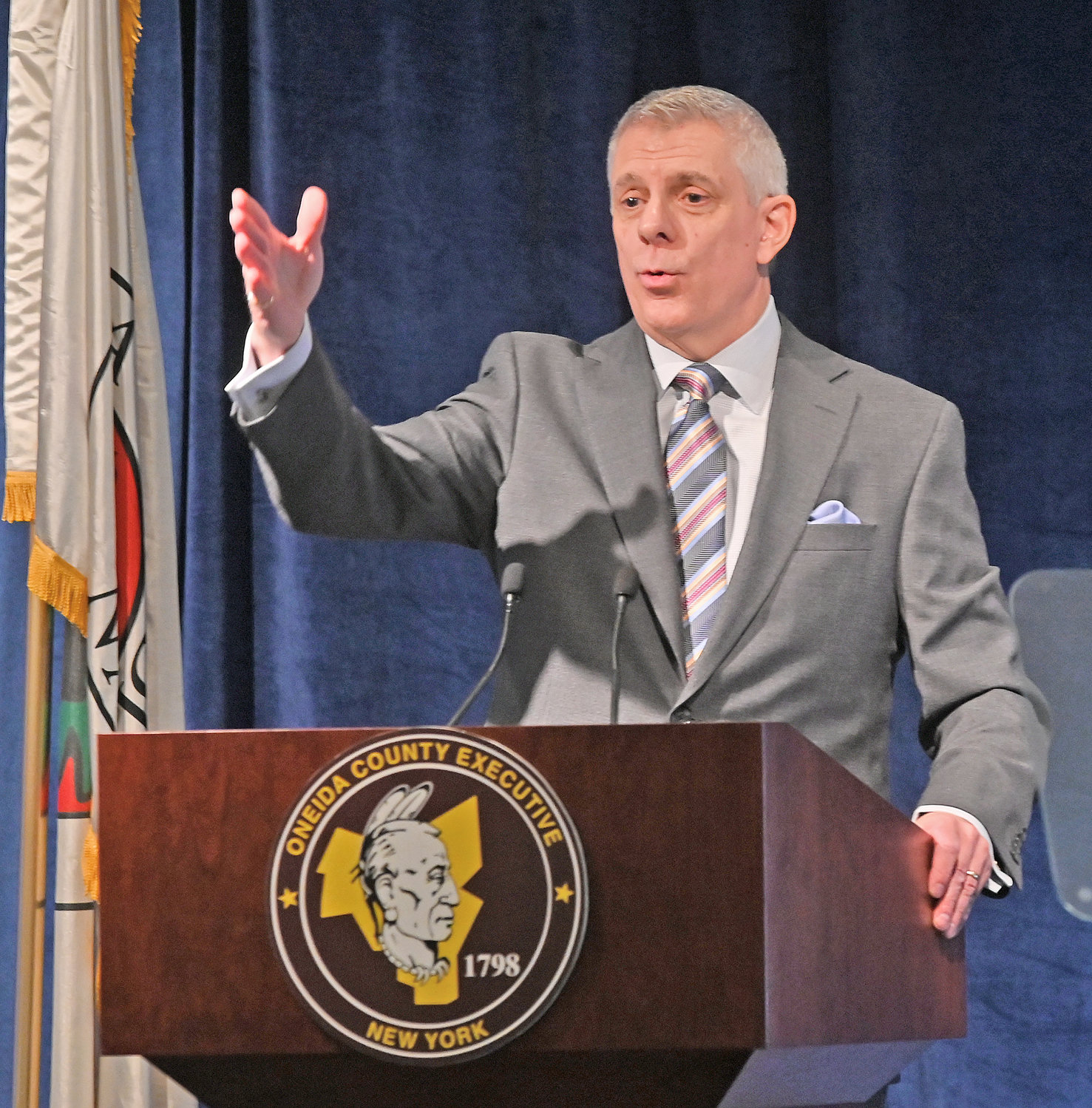 MAKING A POINT — Oneida County Executive Anthony J. Picente Jr. gestures to his audience while making a point during his State of the County address on Wednesday.