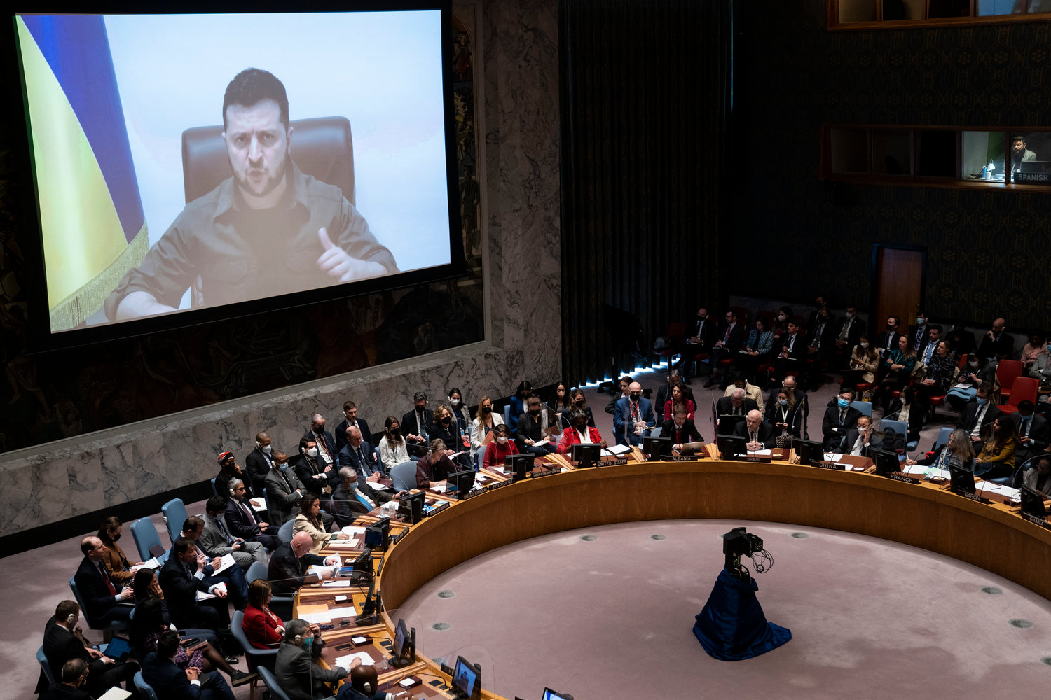 HONORARY DEGREE — Ukrainian President Volodymyr Zelenskyy speaks via remote feed during a meeting of the UN Security Council, in this file photo from Tuesday, April 5, at United Nations headquarters.