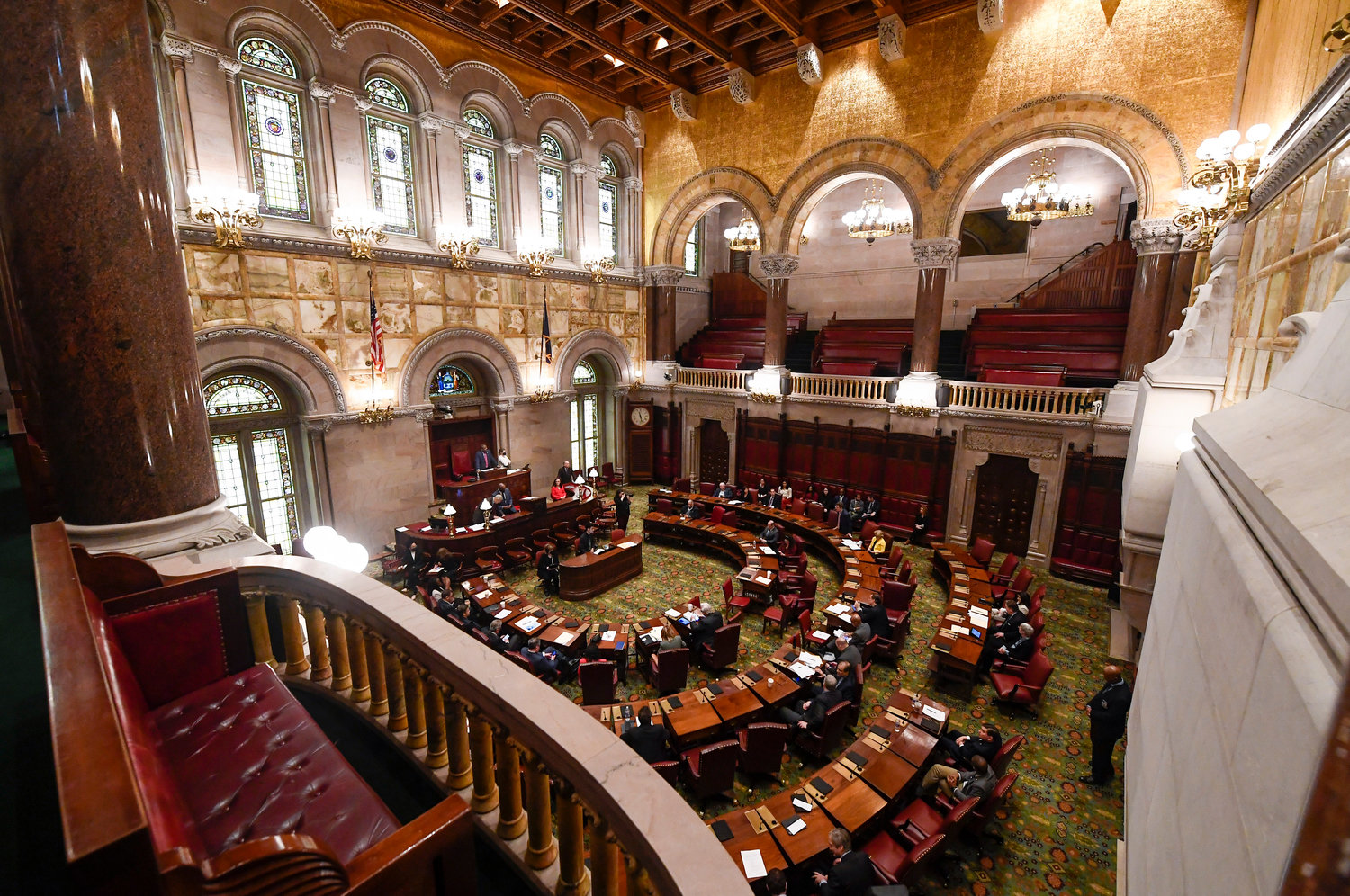 The Senate Chamber is pictured during a legislative session at the state Capitol the state Capitol, Friday, April 8, 2022, in Albany, N.Y. (AP Photo/Hans Pennink)