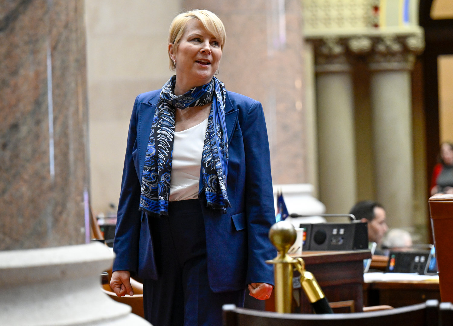 Assemblywoman Mary Beth Walsh, R-Ballston Spa, is seen before debating budget bills during a legislative session in the Assembly Chamber at the state Capitol, Friday, April 8, 2022, in Albany, N.Y. (AP Photo/Hans Pennink)