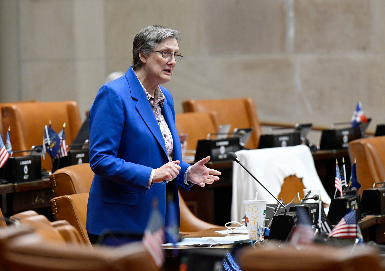 Assemblywoman Marjorie Byrnes, R-Caledonia, debates budget bills during a legislative session in the Assembly Chamber at the state Capitol, Friday, April 8, 2022, in Albany, N.Y. (AP Photo/Hans Pennink)