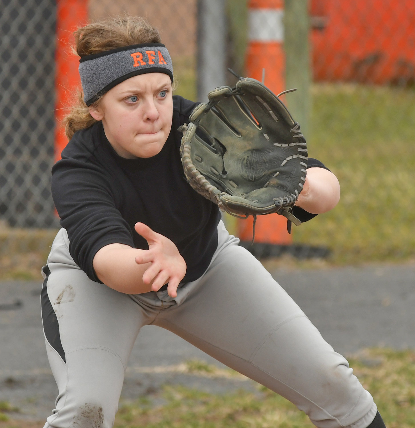 DIALED IN — Rome Free Academy senior Laina Beer awaits a throw during drills at Kost Field earlier this spring as the Black Knights prepared for the softball season. Beer is the team’s primary pitcher and one of many starters the team gets back from last season.