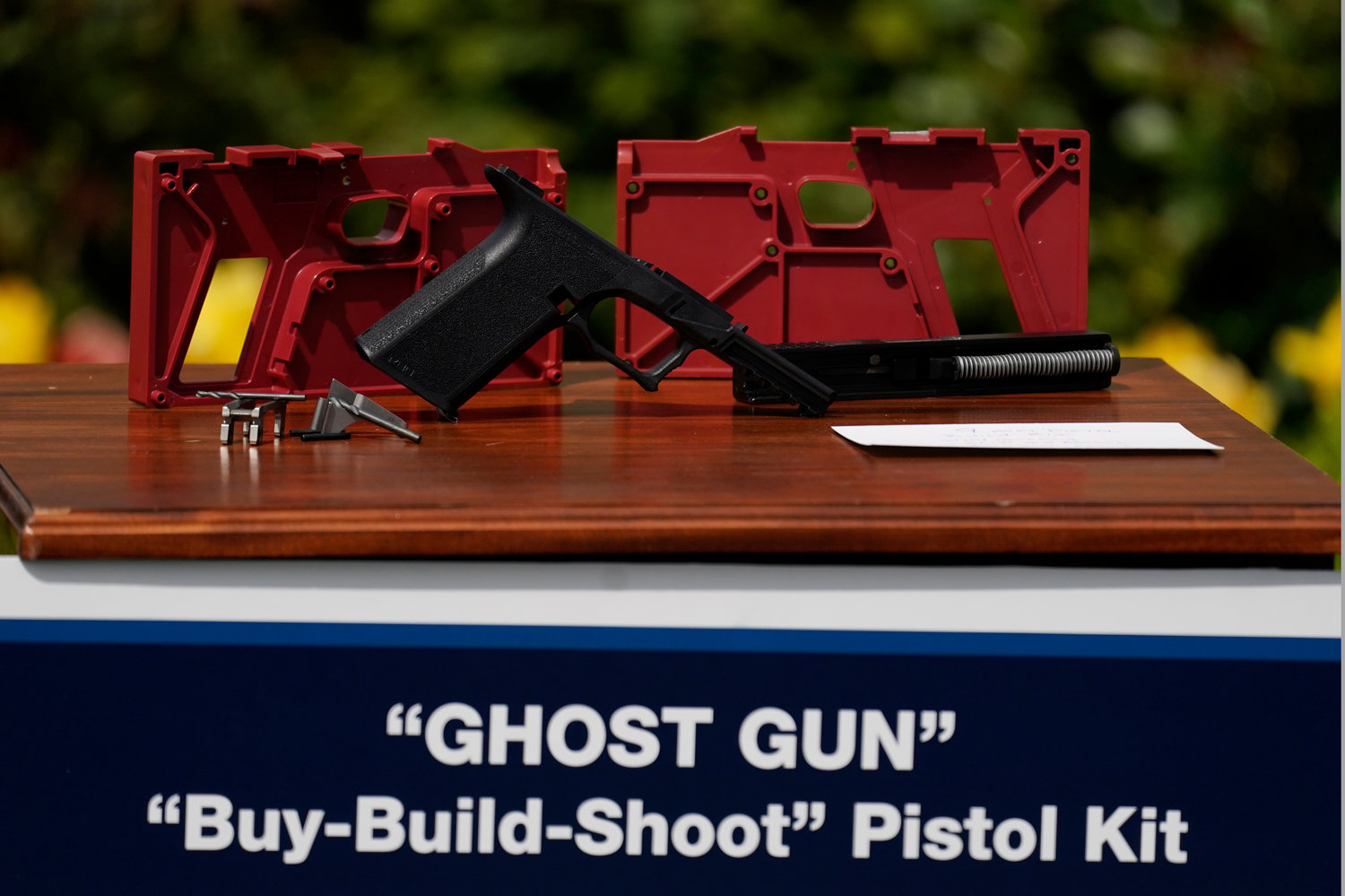 A 9mm pistol build kit with a commercial slide and barrel with a polymer frame is displayed during an event in the Rose Garden of the White House in Washington, Monday, April 11, 2022. President Joe Biden announced a final version of its ghost gun rule, which comes with the White House and the Justice Department under growing pressure to crack down on gun deaths..