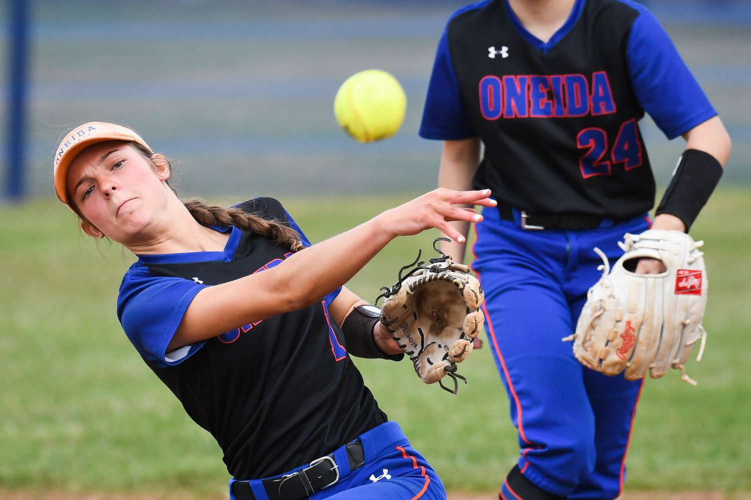 FIRING TO FIRST — Oneida senior shortstop Kaylin Curro throws the ball to first base during the game against Notre Dame on Wednesday. Oneida won 5-1 then beat Cicero-North Syracuse 5-3 at home the next day.