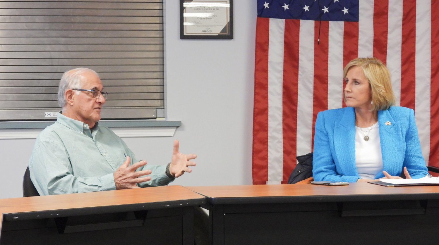 LOOKING AHEAD — Vernon Deputy Supervisor Gene Bennati speaks with Rep. Claudia Tenney, R-22, New Hartford, as they discuss $3 million in funding to help make a Vernon water project a reality.