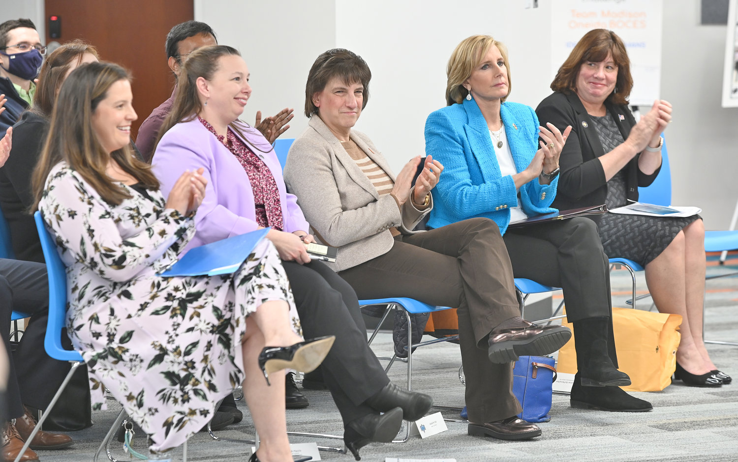 SPECIAL GUESTS — Applauding students during Friday’s AFRL Challenge event were, from left: Rep. Elise Stefanik; Sarah Muccio; Rome Mayor Jacqueline Izzo; Rep. Claudia Tenney; and Assemblywoman Marianne Buttenschon. Student photos online at www.romesentinel.com.